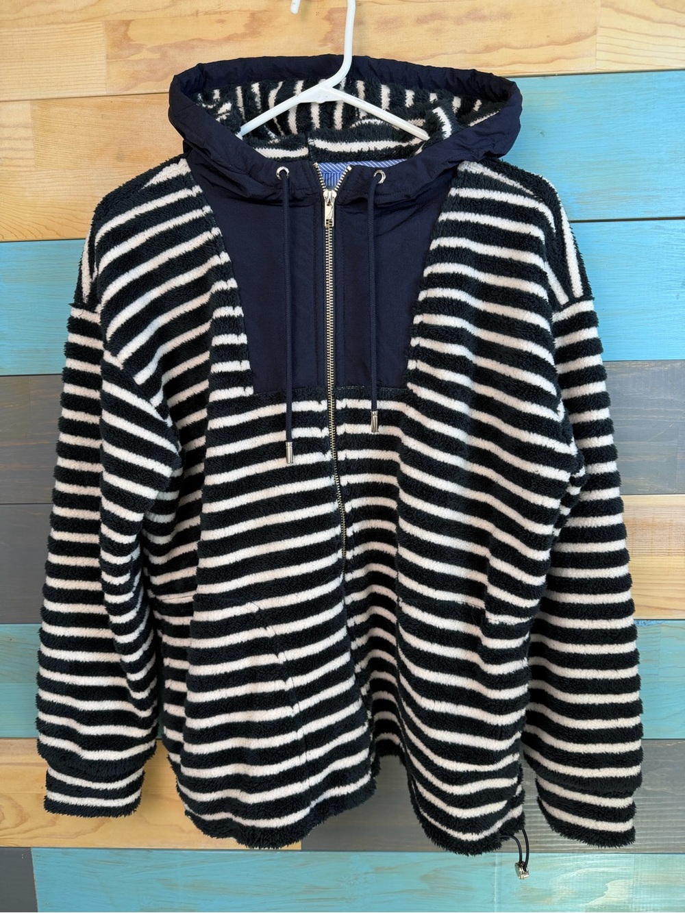 Nautica Sherpa Blue & White Striped Zip Hooded Sweater Nautical Jacket